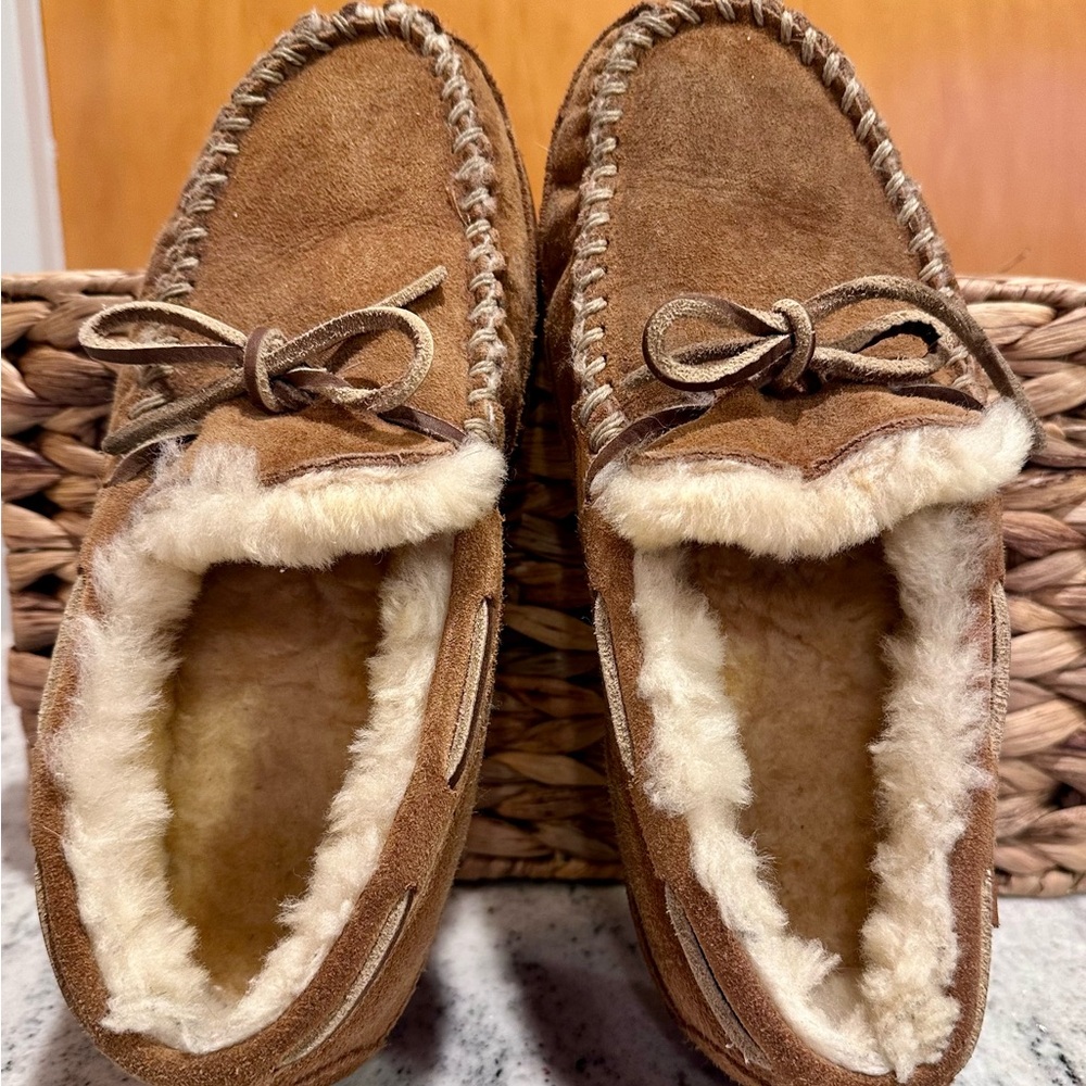 Cozy Brown Suede Moccasin Slippers by LL Bean